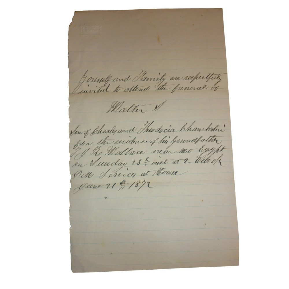 Antique‎ 1872 Handwritten Funeral Invitation New Egypt NJ - Chamberlin Family